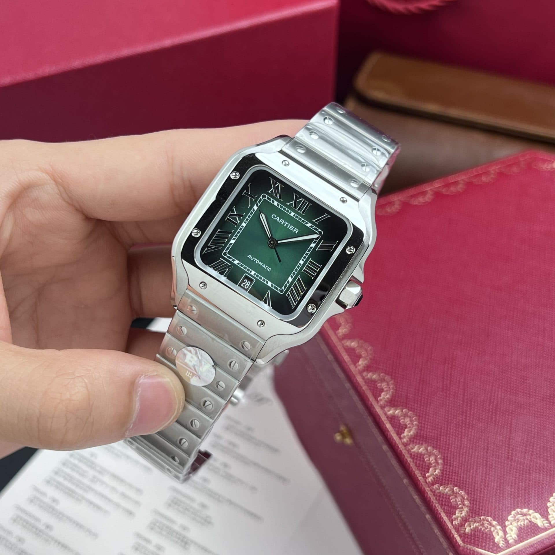 Dong-Ho-Cartier-Santos-De-Cartier-Replica-11-Mat-Xanh-La-Cay-1-1