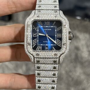 Cartier Santos Best Replica Watch Custom Moissanite Diamonds Blue Dial 39.8mm