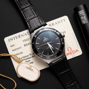 Omega Constellation Replica Watch Black Dial Leather Strap 42mm
