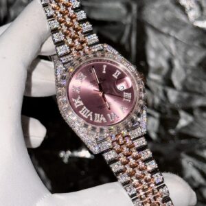Rolex Replica Watch DateJust With Full Moissanite Diamond Pink Dial 41mm