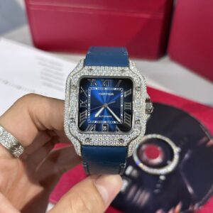 Cartier Santos Blue Dial Moissanite Diamonds 39.8mm Super Clone Watch